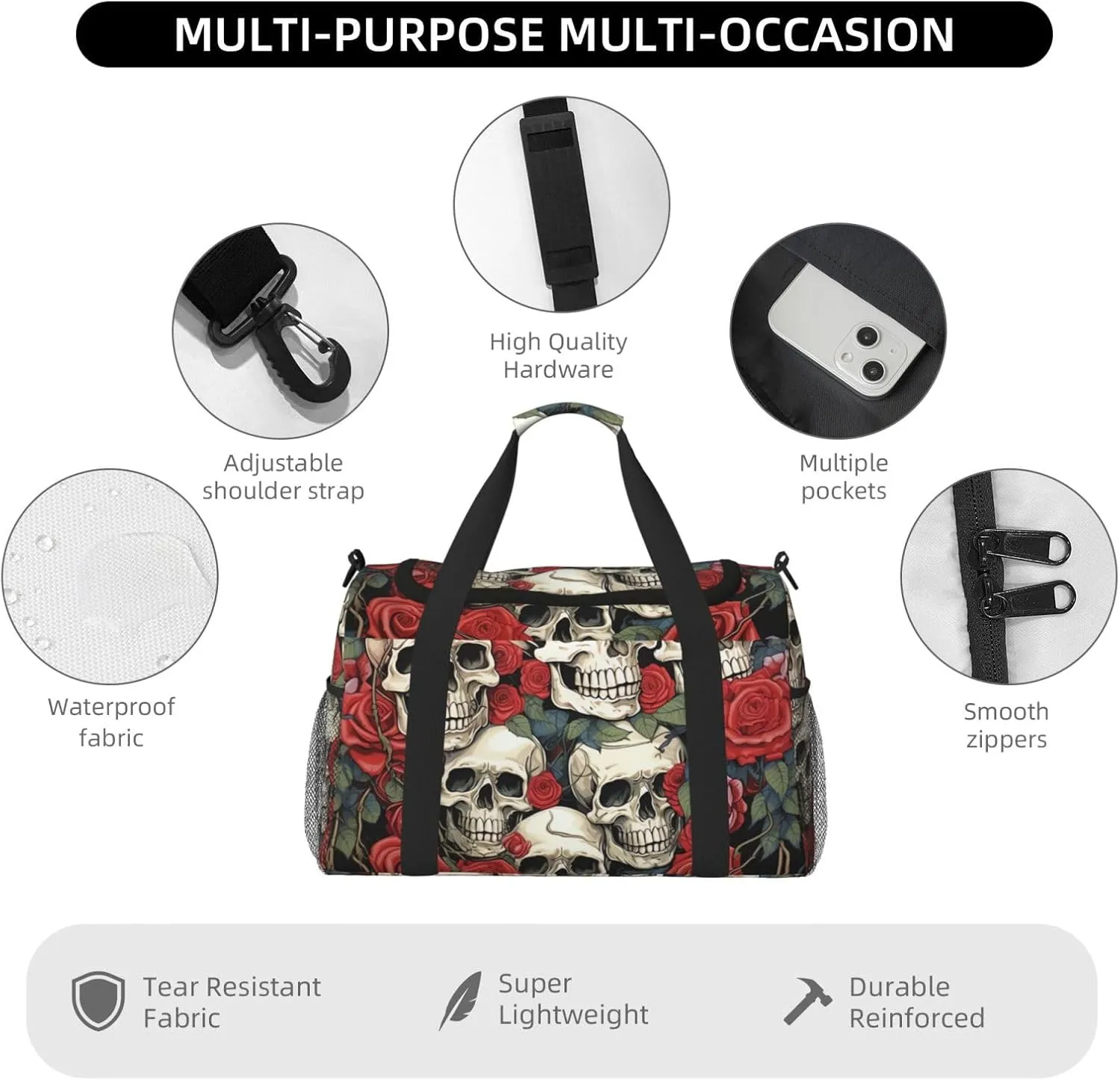 Gym Bag Cool Skull head and Roses Duffel Bag for Men Women Travel Overnight Bag with Shoe Compartment Workout Bags