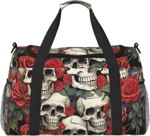 Gym Bag Cool Skull head and Roses Duffel Bag for Men Women Travel Overnight Bag with Shoe Compartment Workout Bags