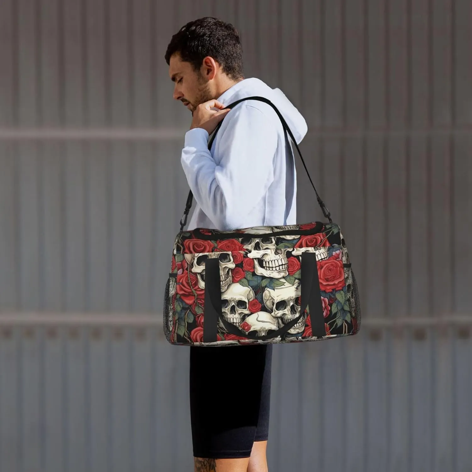 Gym Bag Cool Skull head and Roses Duffel Bag for Men Women Travel Overnight Bag with Shoe Compartment Workout Bags
