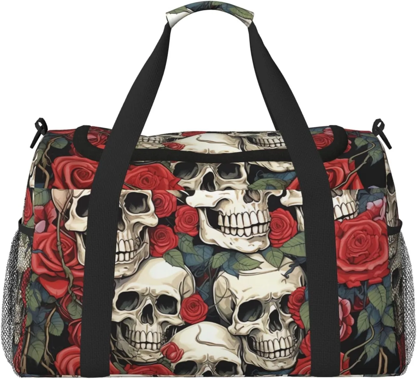 Gym Bag Cool Skull head and Roses Duffel Bag for Men Women Travel Overnight Bag with Shoe Compartment Workout Bags