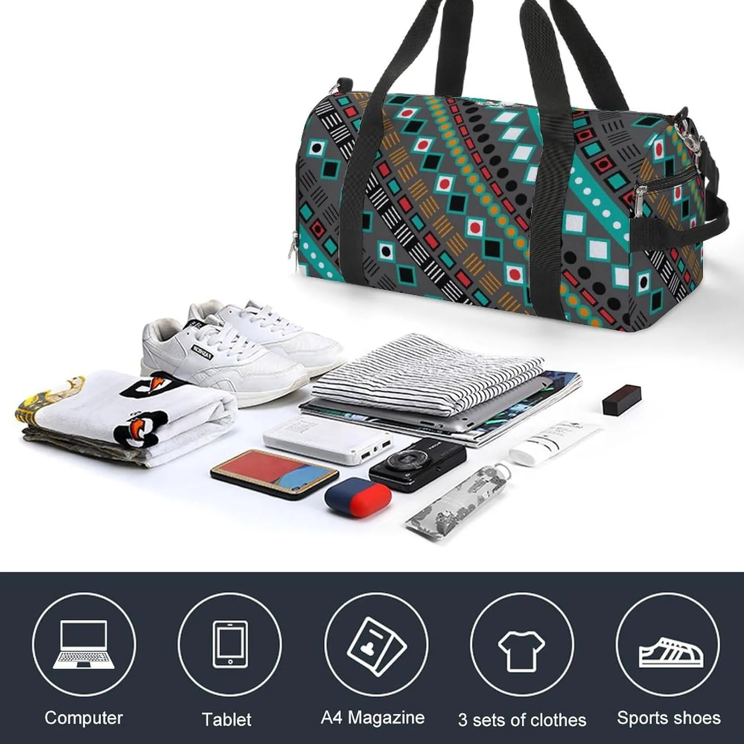Gym Duffel Bag with Shoe Compartment Wet Pocket, Ethnic Tribal Geometric Striped Travel Bag for Men Women