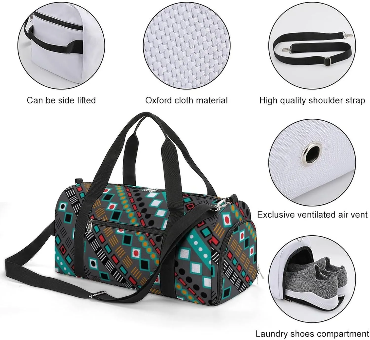 Gym Duffel Bag with Shoe Compartment Wet Pocket, Ethnic Tribal Geometric Striped Travel Bag for Men Women