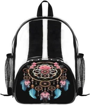 Gypsy Dream Catcher Clear Backpack 14" Small Clear Bag Waterproof PVC Mini Bookbags Ethnic Design Women Transparent Mini Bag, Casual Daypack for Work, Travel, Beach