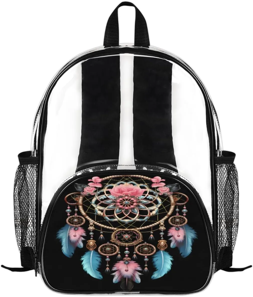 Gypsy Dream Catcher Clear Backpack 14" Small Clear Bag Waterproof PVC Mini Bookbags Ethnic Design Women Transparent Mini Bag, Casual Daypack for Work, Travel, Beach