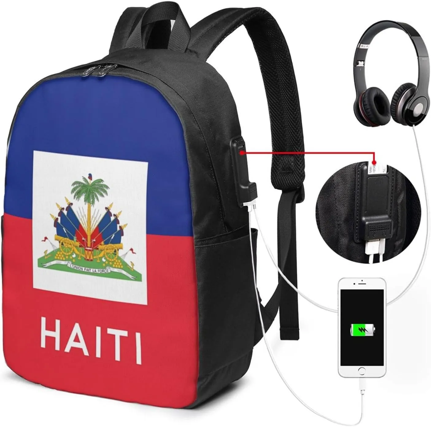 Haiti Haitian Flag Travel Backpack 17-Inch Laptop Backpacks Business Rucksack Casual Sport Daypack with USB Charging Port Carry-on Bag for Camping Biking