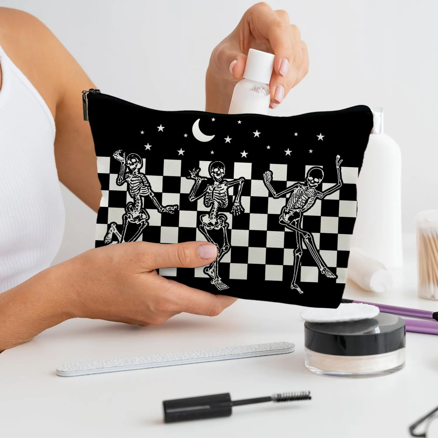 Halloween Gifts for Women, Halloween Gothic Leather Makeup Bag, Halloween Purse, Witchy Spooky Gifts for Women, Goth makeup bag, Horror Skull Makeup Bag Pouch, black Cool Makeup Bag (PU)