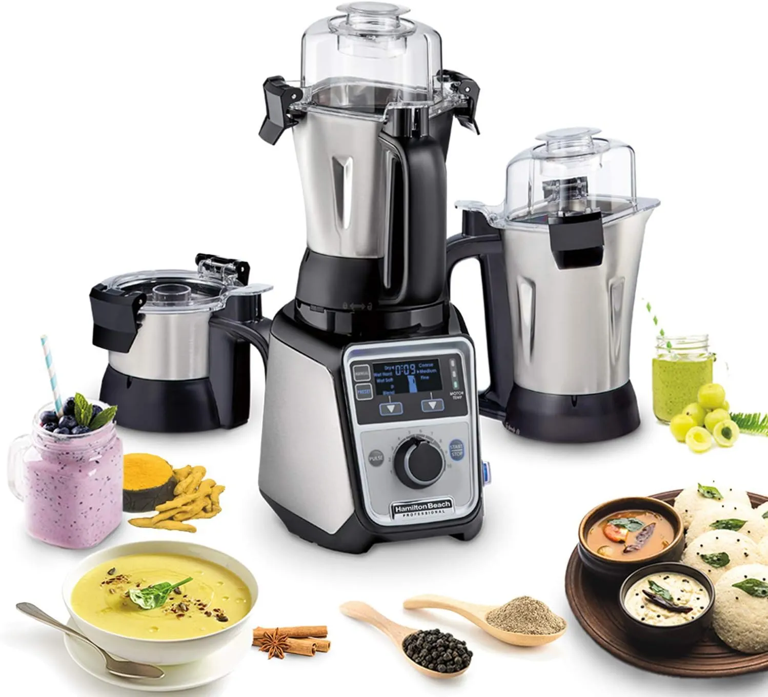 Hamilton Beach Professional 4-in-1 Juicer Mixer Grinder, Commercial-Grade 1400 Watt Motor, 3 Leakproof Jars, For Wet and Dry Spices, Chutneys and Curries, Engineered in India & USA (58770), Stainless