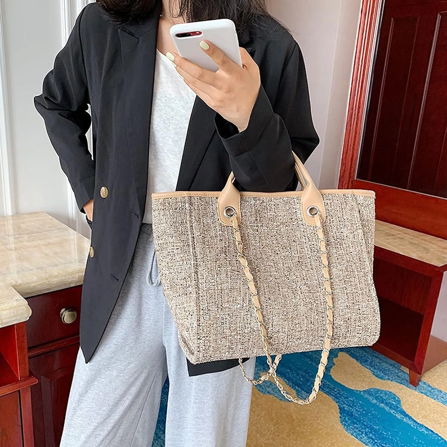 Handbags Shoulder Bags Women Tote Bag Nylon Large Handbag Chains Shoulder Bags Ladies Big Messenger Bag Shopping Bag (Black)