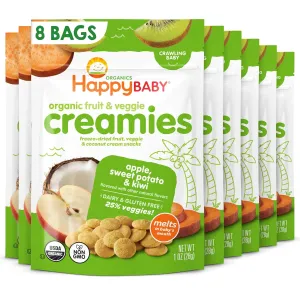 Happy Baby Organic Creamies Freeze-Dried Fruit, Veggie, & Coconut Cream Snacks, with Apple, Sweet Potato, and Kiwi, Made for Crawling Baby, 1 Ounce (Pack of 8)