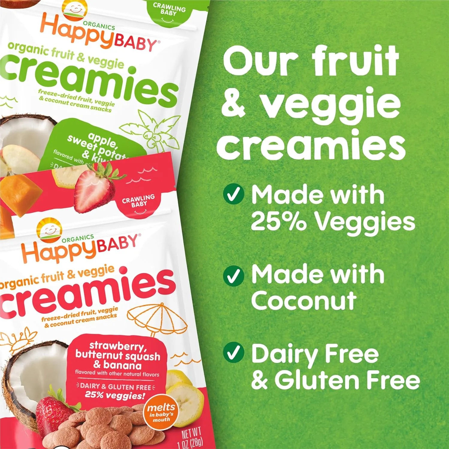 Happy Baby Organic Creamies Freeze-Dried Fruit, Veggie, & Coconut Cream Snacks, with Apple, Sweet Potato, and Kiwi, Made for Crawling Baby, 1 Ounce (Pack of 8)