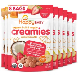 Happy Baby Organic Creamies Freeze-Dried Fruit, Veggie, & Coconut Cream Snacks, with Strawberry, Butternut Squash, and Banana, Made for Crawling Baby, 1 Ounce (Pack of 8)
