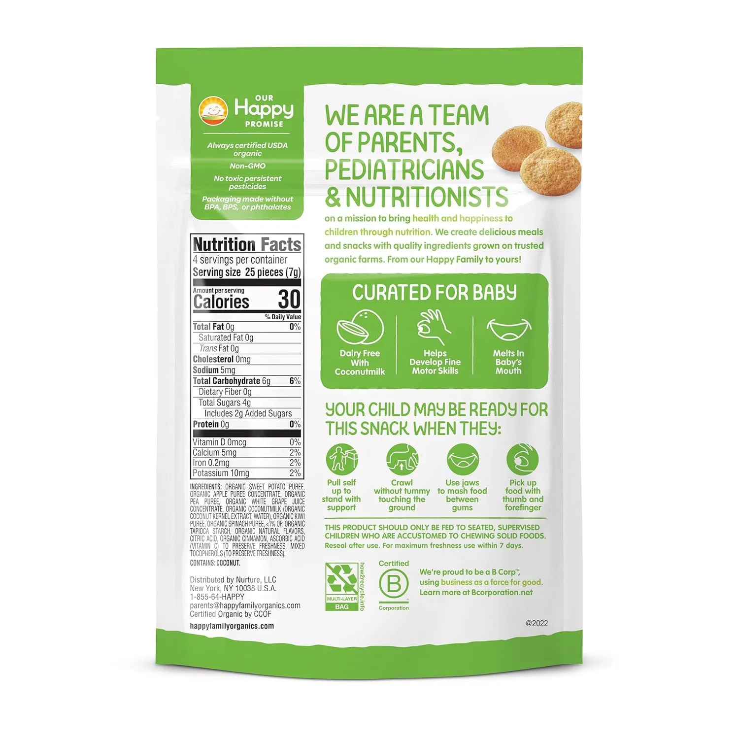 Happy Baby Organics Creamies Freeze-Dried Veggie & Fruit Snacks with Coconut Milk, Apple Spinach Pea & Kiwi, 1 Ounce (Pack of 8)