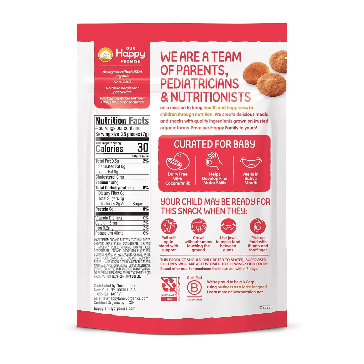 Happy Baby Organics Creamies Freeze-Dried Veggie & Fruit Snacks with Coconut Milk Strawberry Raspberry & Carrot, 1 Ounce (Pack of 8)