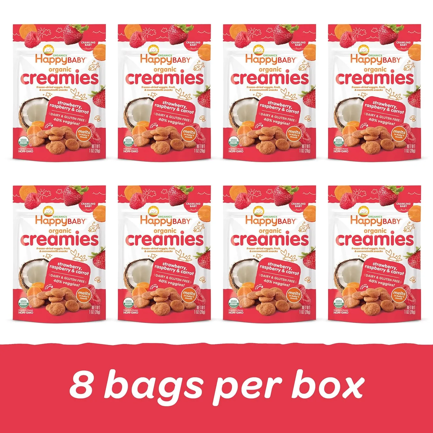 Happy Baby Organics Creamies Freeze-Dried Veggie & Fruit Snacks with Coconut Milk Strawberry Raspberry & Carrot, 1 Ounce (Pack of 8)