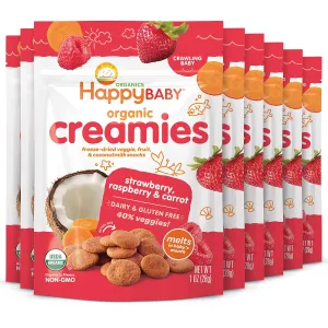 Happy Baby Organics Creamies Freeze-Dried Veggie & Fruit Snacks with Coconut Milk Strawberry Raspberry & Carrot, 1 Ounce (Pack of 8)