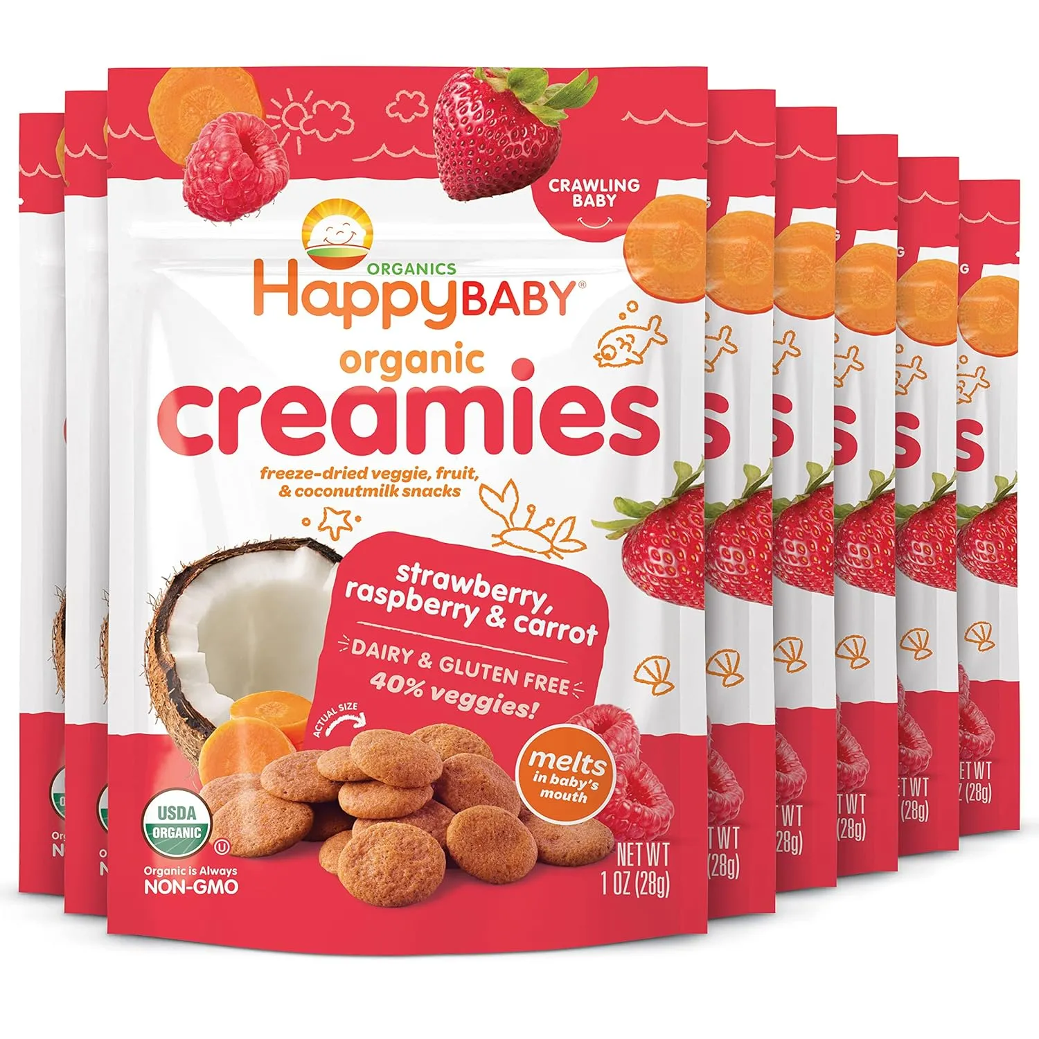 Happy Baby Organics Creamies Freeze-Dried Veggie & Fruit Snacks with Coconut Milk Strawberry Raspberry & Carrot, 1 Ounce (Pack of 8)