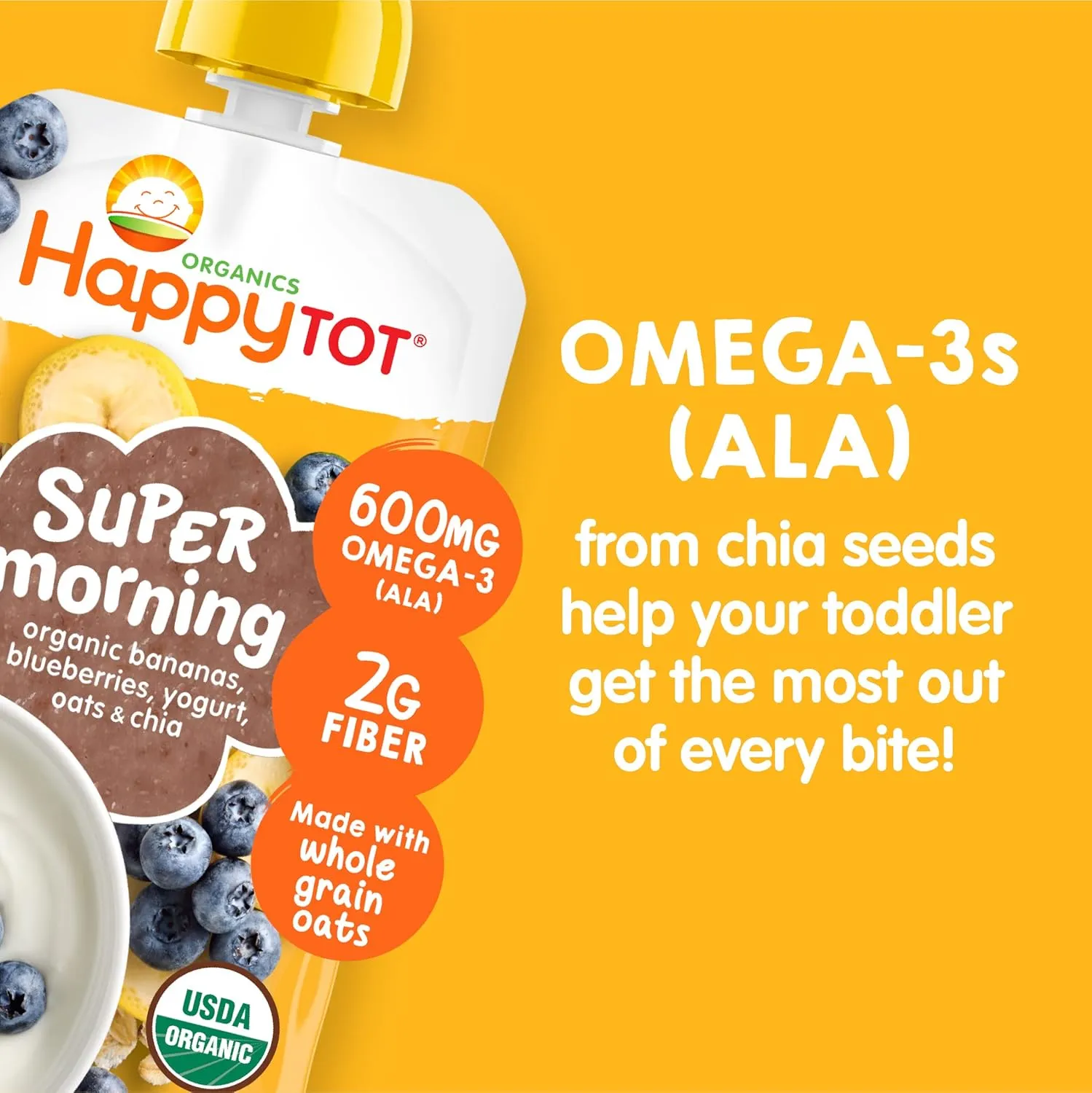 Happy Tot Organics Stage 4 Baby Food Pouches, Gluten Free, Super Morning Fruit & Oat Blend, Bananas, Blueberries, Yogurt, Oats & Chia, 4 Oz (Pack of 8)