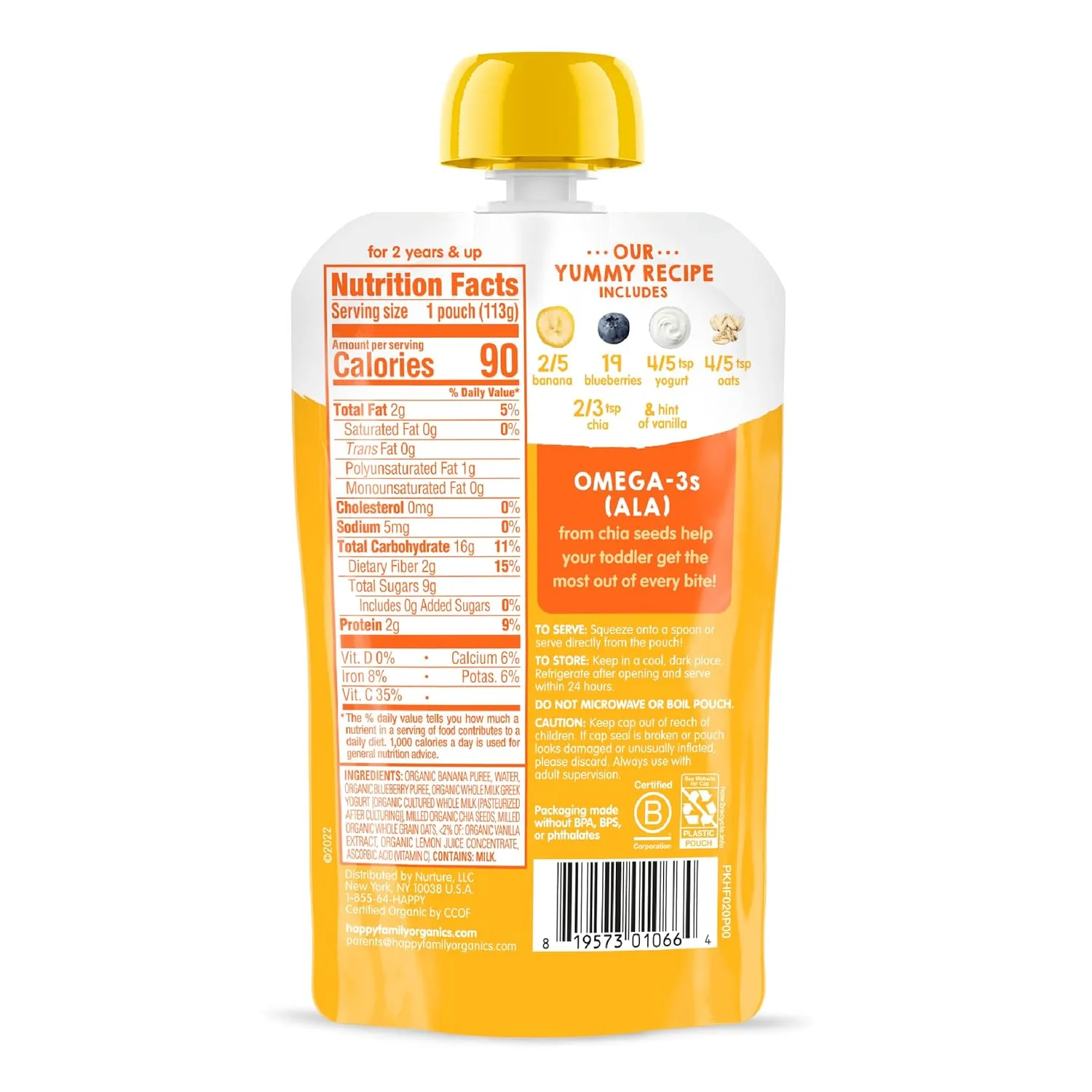 Happy Tot Organics Stage 4 Baby Food Pouches, Gluten Free, Super Morning Fruit & Oat Blend, Bananas, Blueberries, Yogurt, Oats & Chia, 4 Oz (Pack of 8)
