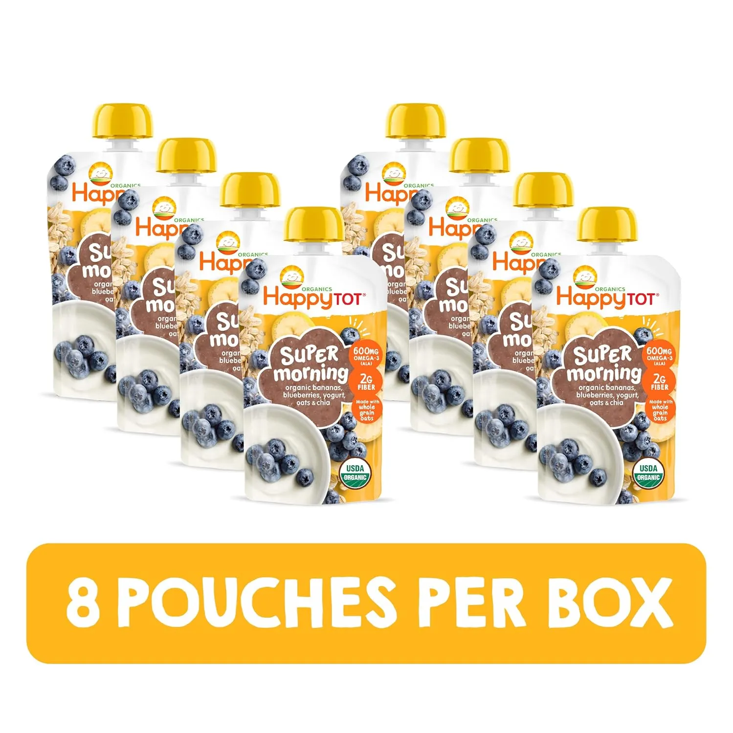Happy Tot Organics Stage 4 Baby Food Pouches, Gluten Free, Super Morning Fruit & Oat Blend, Bananas, Blueberries, Yogurt, Oats & Chia, 4 Oz (Pack of 8)