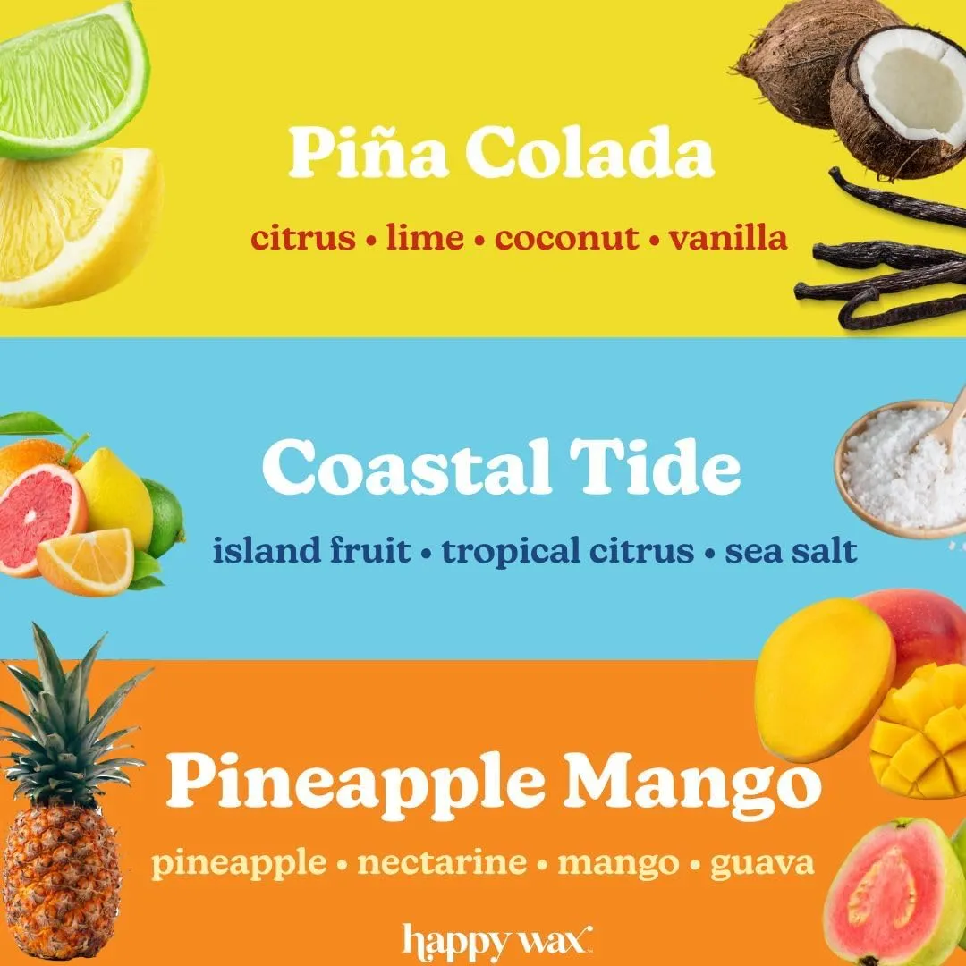 Happy Wax Beach Mix Premium Scented Natural, Non Toxic Soy Wax Melts – 6 Total Oz. of Scented Wax Melts. Includes: Pina Colada, Coastal Tide, and Pineapple Mango