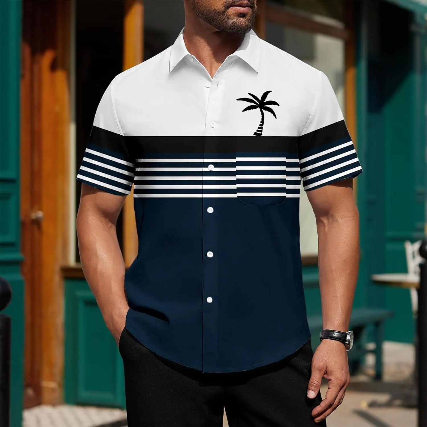 Hawaiian Shirt for Men Short Sleeve Button Down Collar Tops Tropical Coconut Tree Printed Holiday Beach Summer Shirts