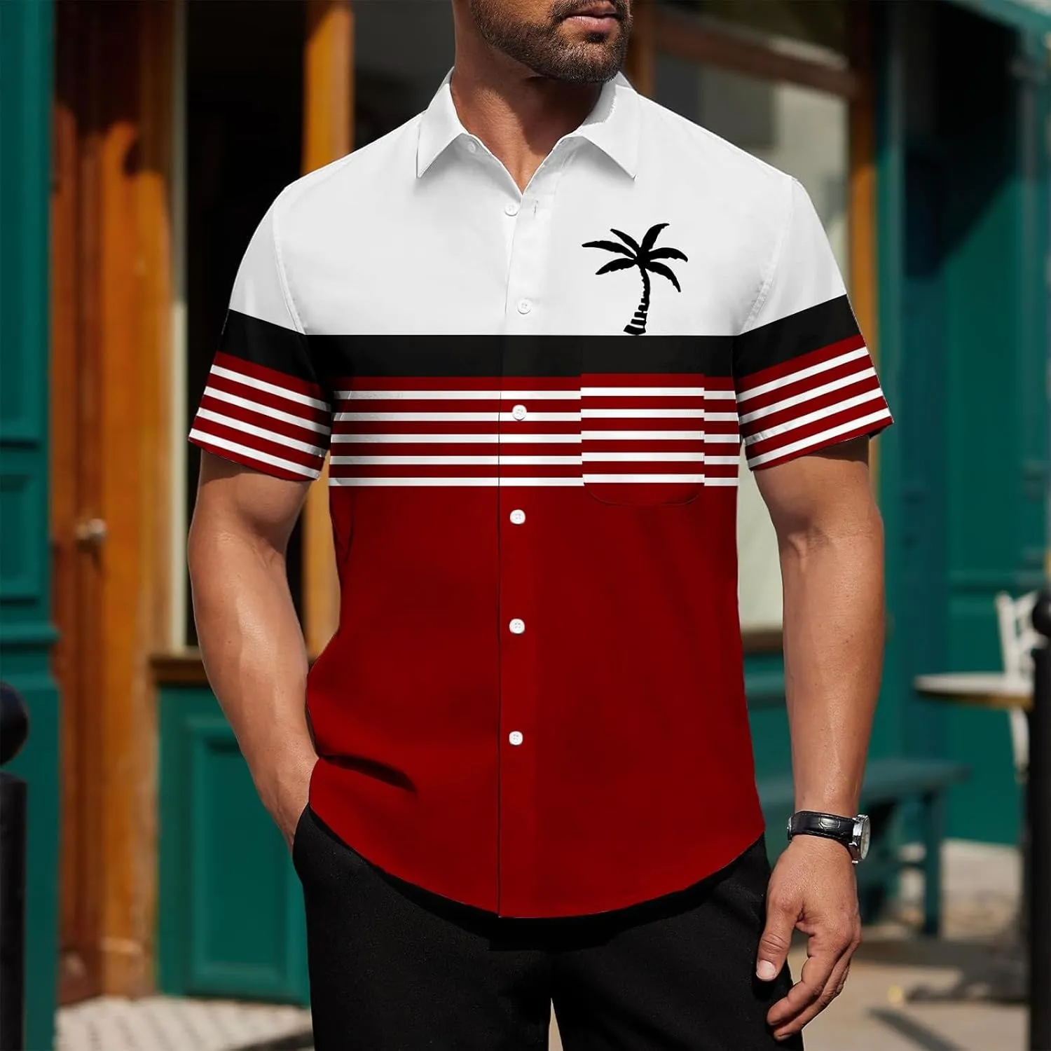 Hawaiian Shirt for Men Short Sleeve Button Down Collar Tops Tropical Coconut Tree Printed Holiday Beach Summer Shirts