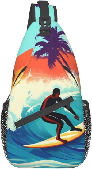 Hawaiian Surfer On Wavy Unisex Casual Diagonal Chest Bag,Multipurpose Crossbody Shoulder Bag Travel Hiking Daypack