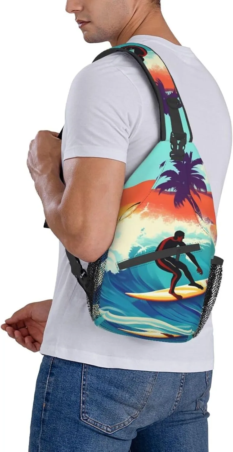 Hawaiian Surfer On Wavy Unisex Casual Diagonal Chest Bag,Multipurpose Crossbody Shoulder Bag Travel Hiking Daypack