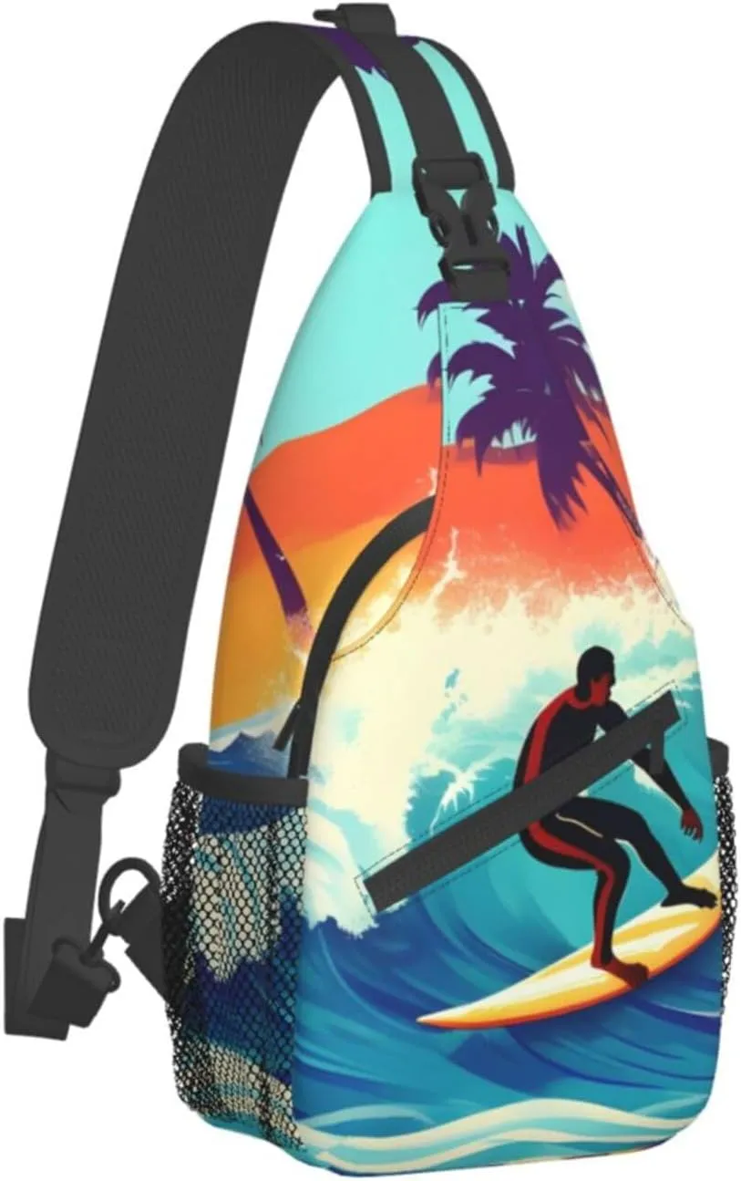 Hawaiian Surfer On Wavy Unisex Casual Diagonal Chest Bag,Multipurpose Crossbody Shoulder Bag Travel Hiking Daypack