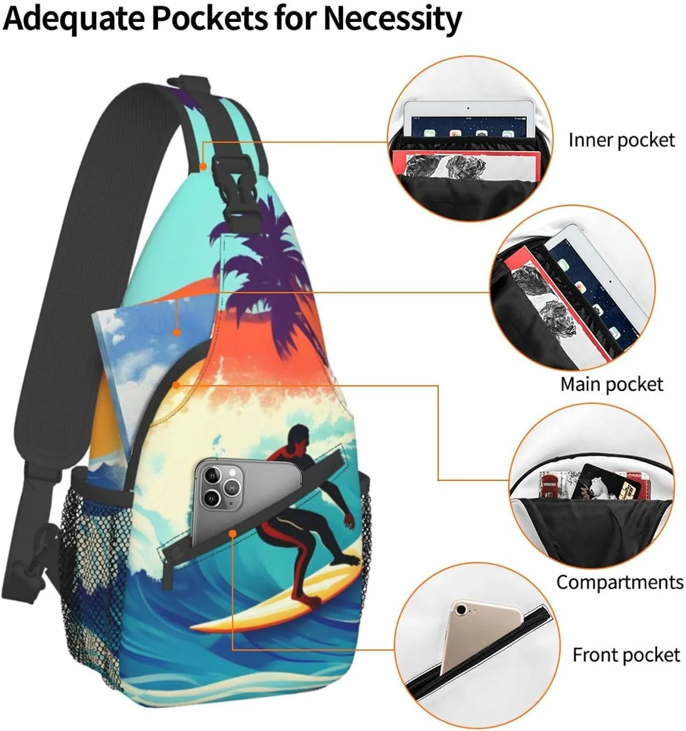 Hawaiian Surfer On Wavy Unisex Casual Diagonal Chest Bag,Multipurpose Crossbody Shoulder Bag Travel Hiking Daypack