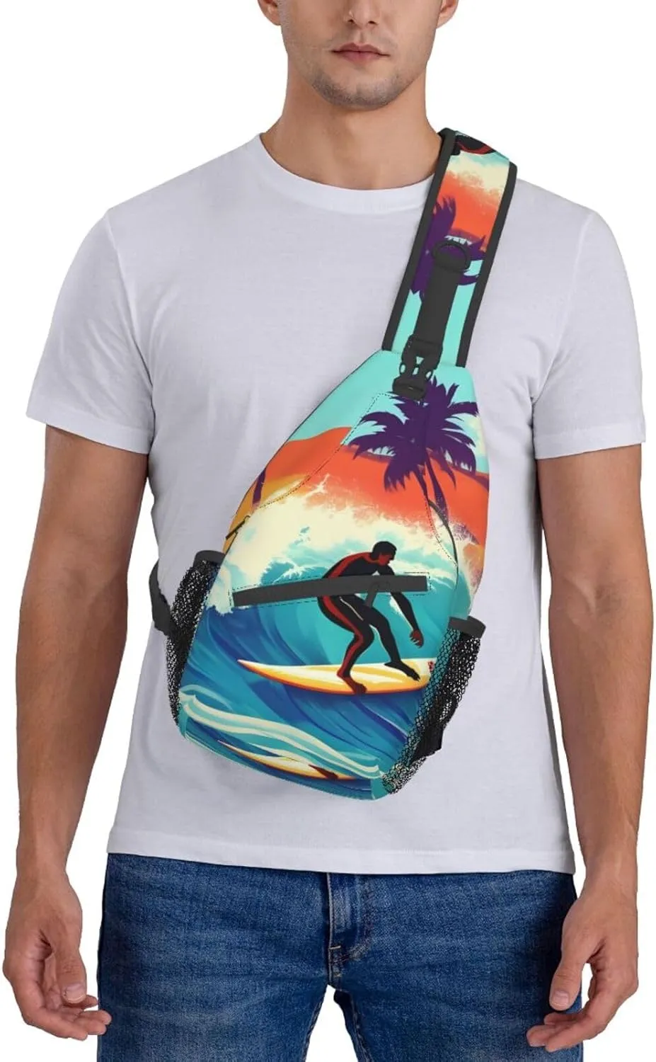 Hawaiian Surfer On Wavy Unisex Casual Diagonal Chest Bag,Multipurpose Crossbody Shoulder Bag Travel Hiking Daypack