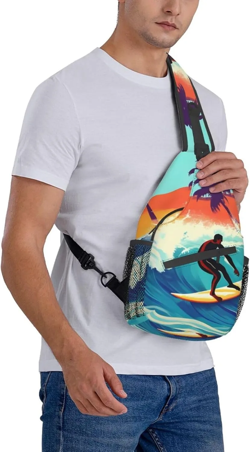 Hawaiian Surfer On Wavy Unisex Casual Diagonal Chest Bag,Multipurpose Crossbody Shoulder Bag Travel Hiking Daypack