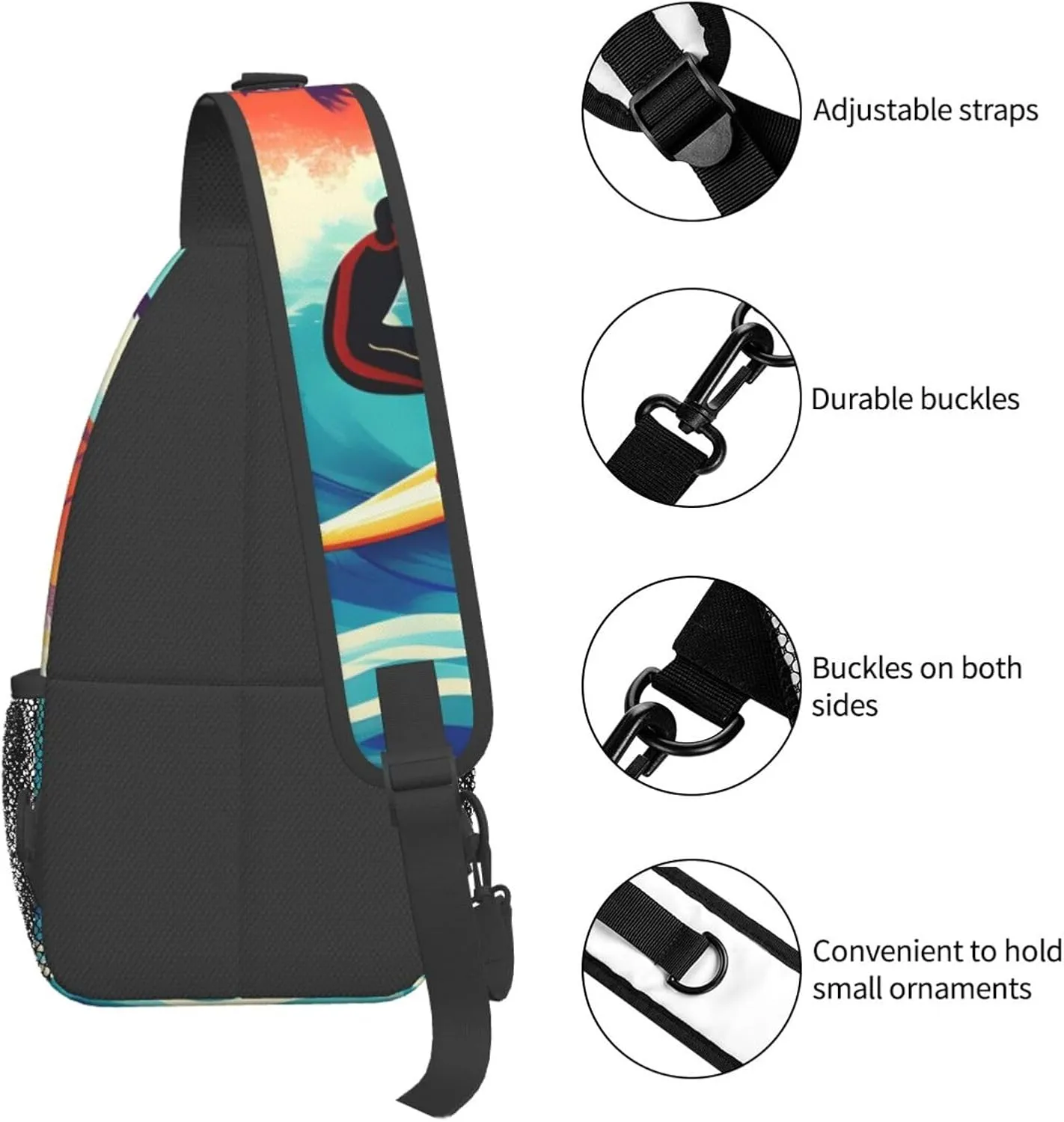 Hawaiian Surfer On Wavy Unisex Casual Diagonal Chest Bag,Multipurpose Crossbody Shoulder Bag Travel Hiking Daypack