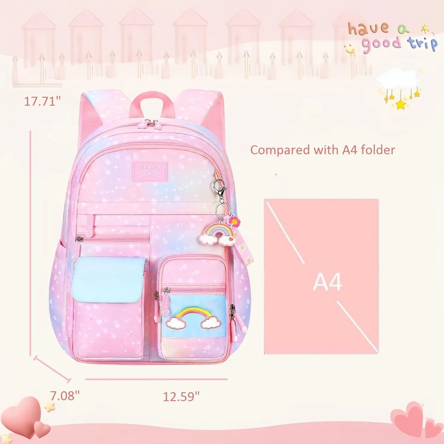 Heart-Print Blue Girls Backpack for Elementary School Kids Bookbag with Compartments Cute Student Backpack for Girls