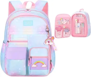 Heart-Print Blue Girls Backpack for Elementary School Kids Bookbag with Compartments Cute Student Backpack for Girls