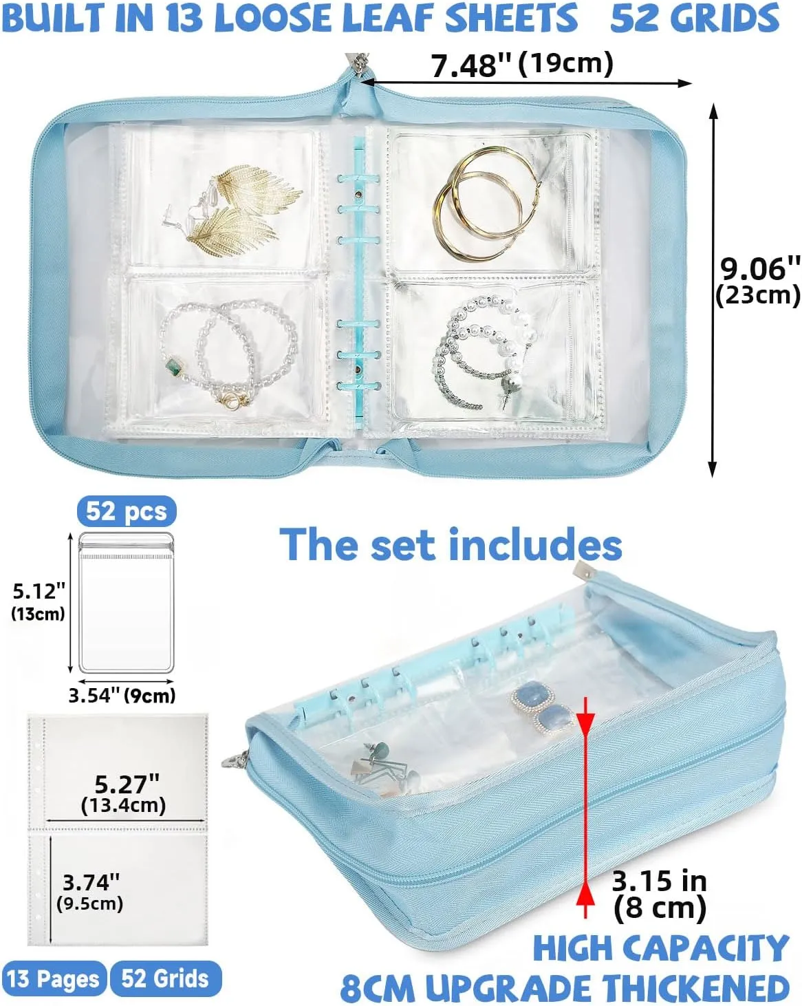 High Capacity Bracelet Storage Organizer Travel Jewelry Organizer Transparent Jewelry Storage Book for Earring, Necklace, Ring, With pvc Jewelry Pouches Zipper Bags