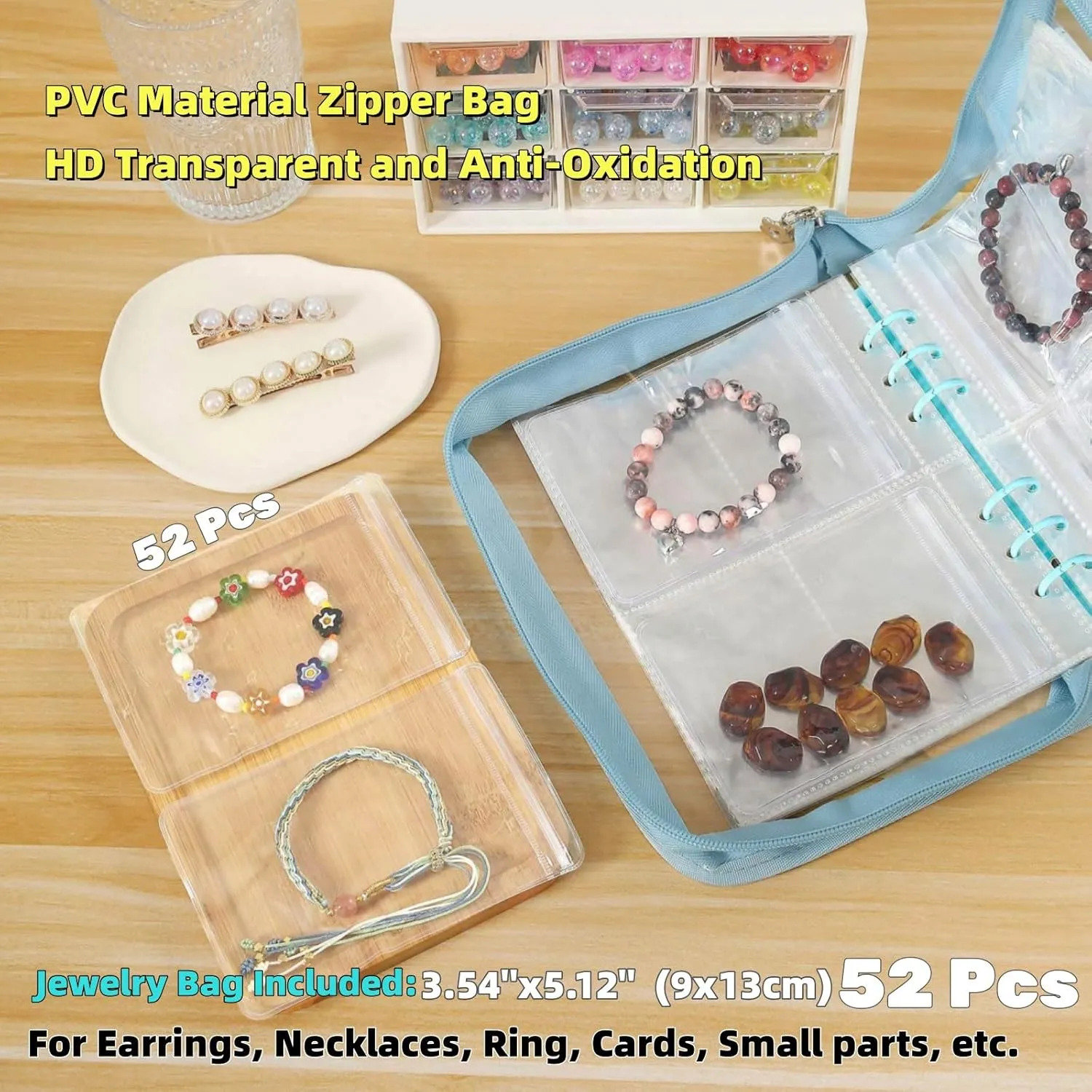 High Capacity Bracelet Storage Organizer Travel Jewelry Organizer Transparent Jewelry Storage Book for Earring, Necklace, Ring, With pvc Jewelry Pouches Zipper Bags