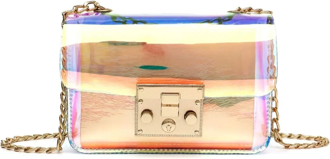 Holographic Clear Purse Crossover Shoulder Messenger Bag Laser Sling Purse with Golden Chain