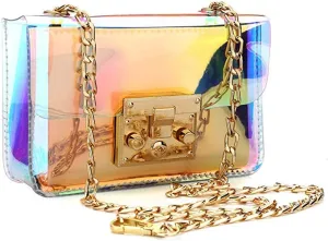 Holographic Clear Purse Crossover Shoulder Messenger Bag Laser Sling Purse with Golden Chain