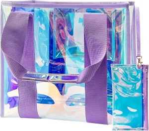Holographic Iridescent Tote Bag Clear Travel Beach Bag and Phone Pouch Transparent PVC Handbag Large Tote