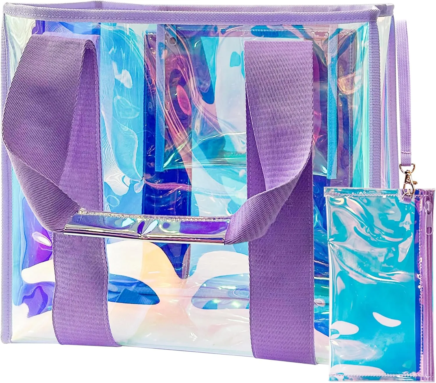 Holographic Iridescent Tote Bag Clear Travel Beach Bag and Phone Pouch Transparent PVC Handbag Large Tote