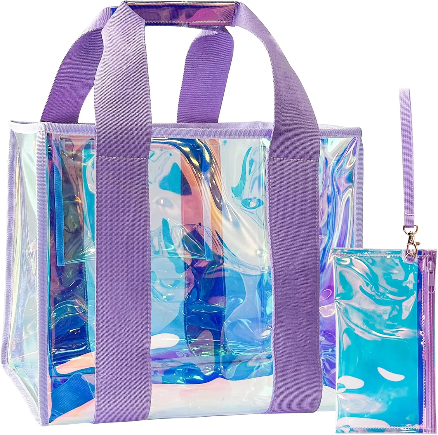 Holographic Iridescent Tote Bag Clear Travel Beach Bag and Phone Pouch Transparent PVC Handbag Large Tote