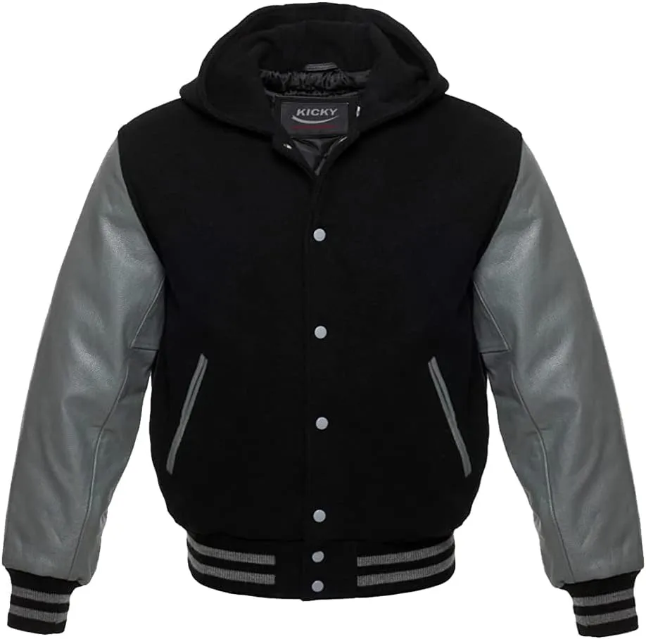 Hooded Varsity Letterman Baseball Bomber Jacket, 100% Melton Wool Body, Cowhide Leather Sleeves, 17 colors options