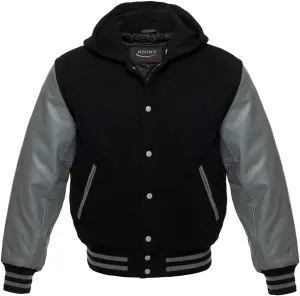 Hooded Varsity Letterman Baseball Bomber Jacket, 100% Melton Wool Body, Cowhide Leather Sleeves, 17 colors options