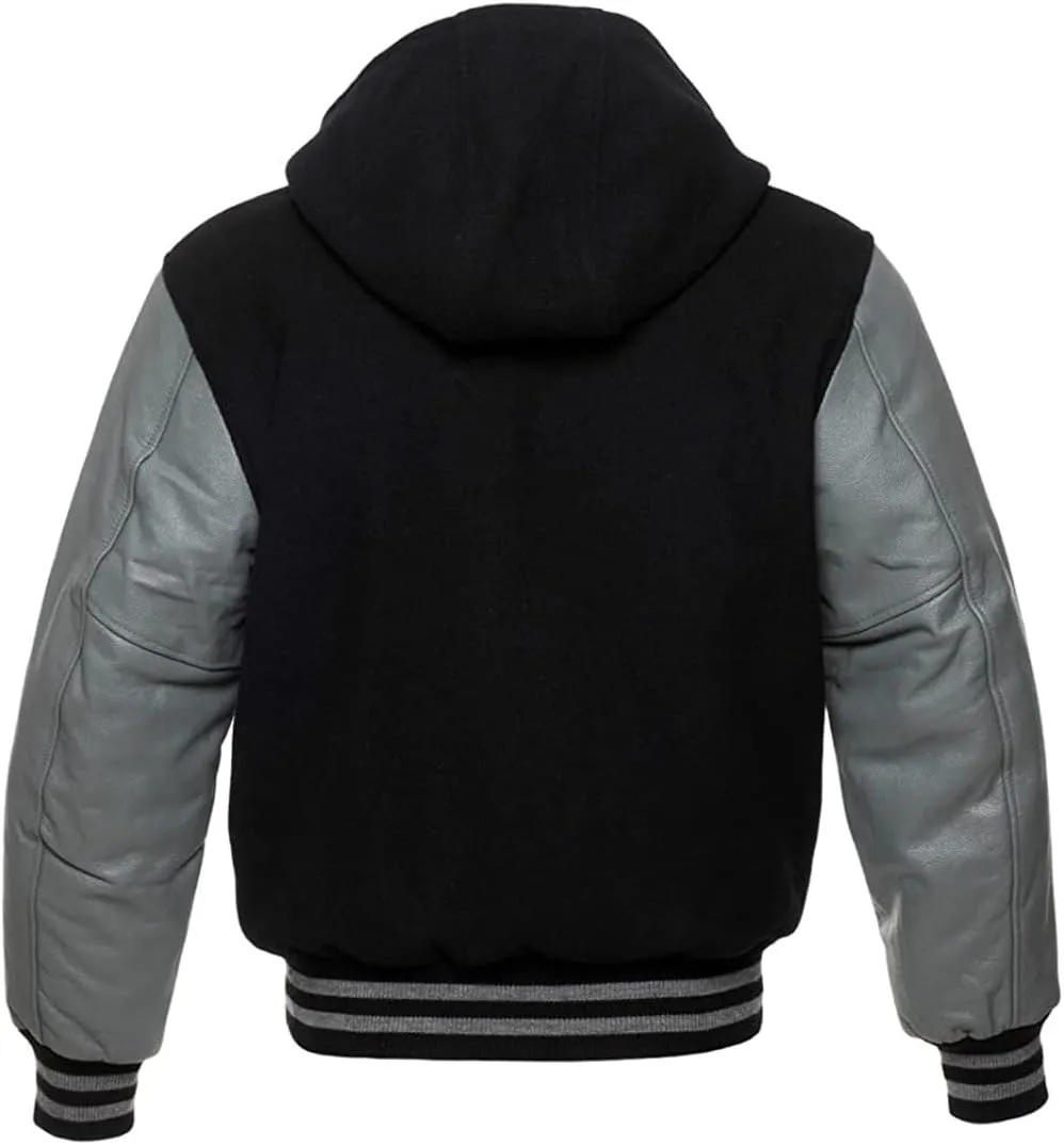 Hooded Varsity Letterman Baseball Bomber Jacket, 100% Melton Wool Body, Cowhide Leather Sleeves, 17 colors options