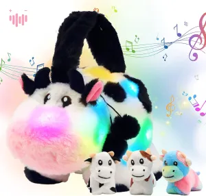 Hopearl LED Musical Stuffed Cow Handbag Lighting Up Singing Plush Toy Tote Bag Playset Mommy Cow with 3 Baby Dairy Cows in her Tummy Lullaby Animated Soothe Gifts for Kids, 11''