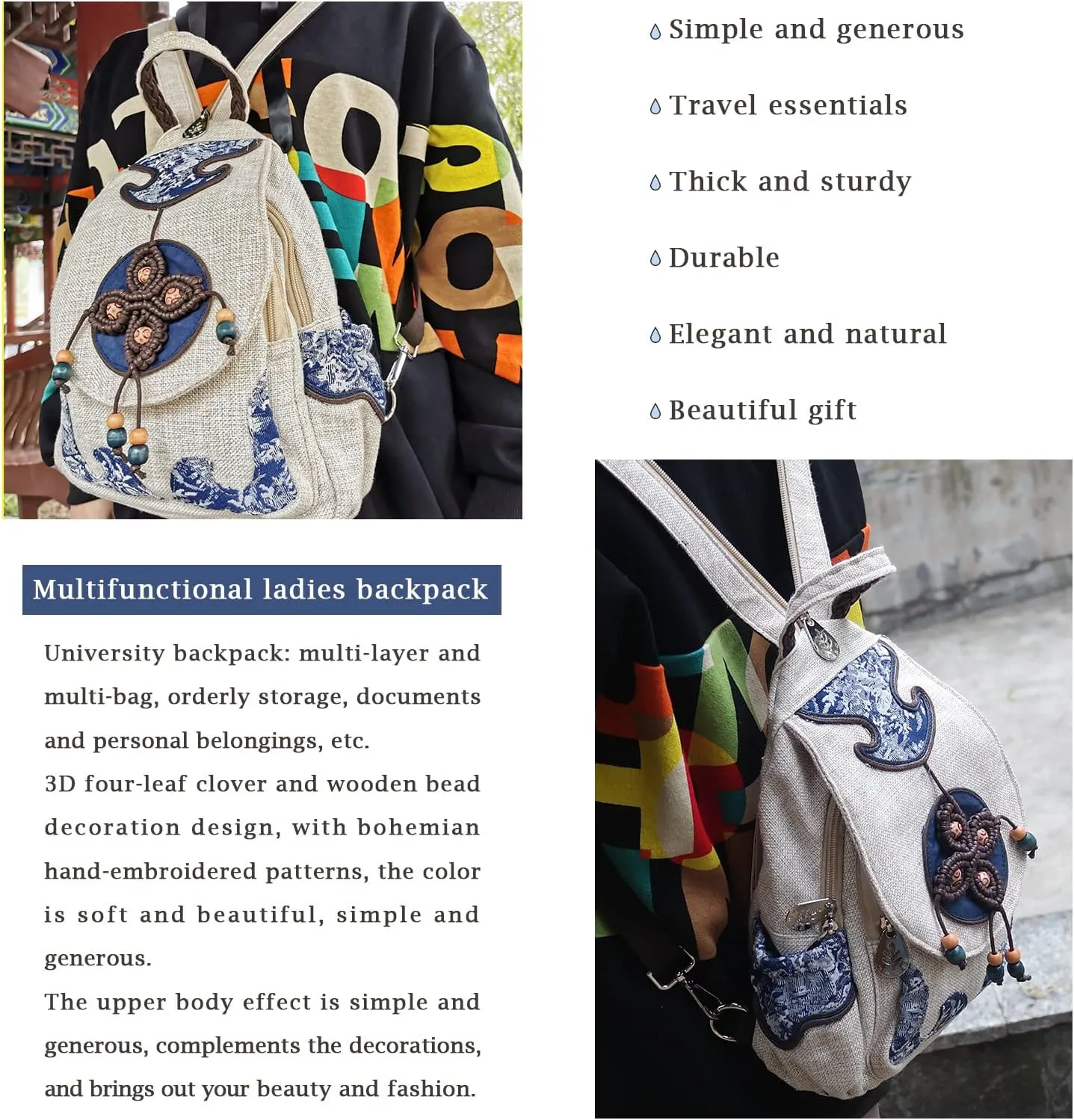 HUANGGUOSHU Women Cotton Woven Hippie Hemp Boho Canvas Embroidery Multi Pocket Retro Cute Backpack Wallet Backpack（Four leaf clover）