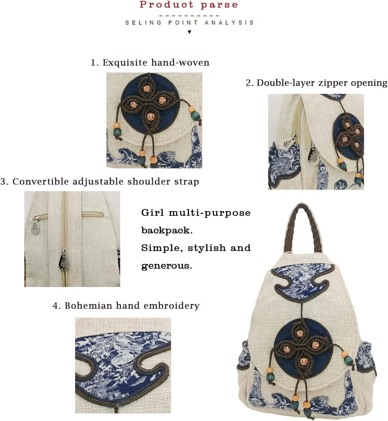 HUANGGUOSHU Women Cotton Woven Hippie Hemp Boho Canvas Embroidery Multi Pocket Retro Cute Backpack Wallet Backpack（Four leaf clover）