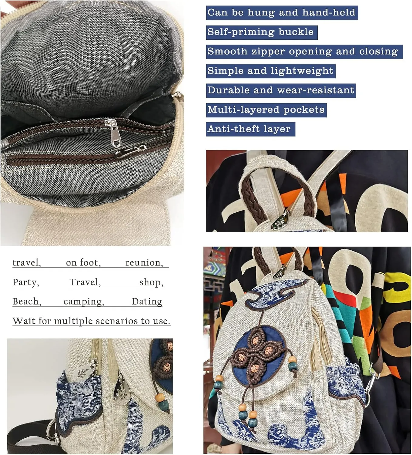 HUANGGUOSHU Women Cotton Woven Hippie Hemp Boho Canvas Embroidery Multi Pocket Retro Cute Backpack Wallet Backpack（Four leaf clover）