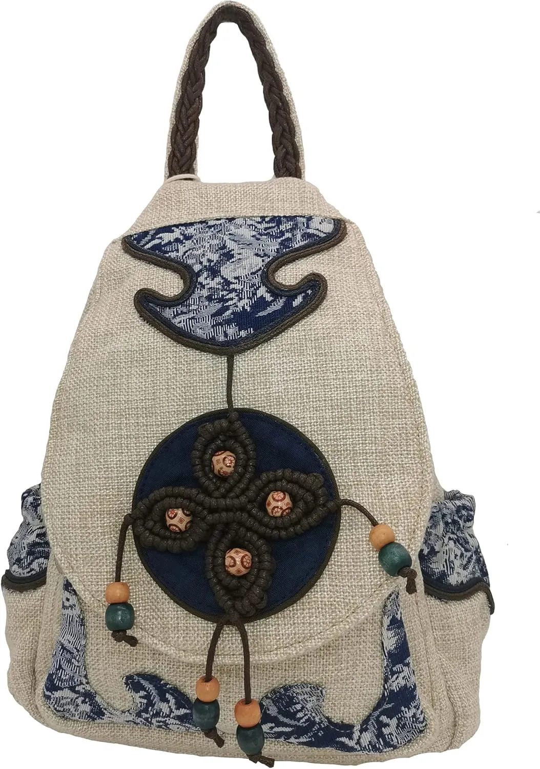 HUANGGUOSHU Women Cotton Woven Hippie Hemp Boho Canvas Embroidery Multi Pocket Retro Cute Backpack Wallet Backpack（Four leaf clover）